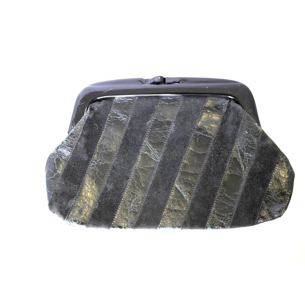 Black Leather Kiss Clasp Clutch Vintage Accessories made in Italy